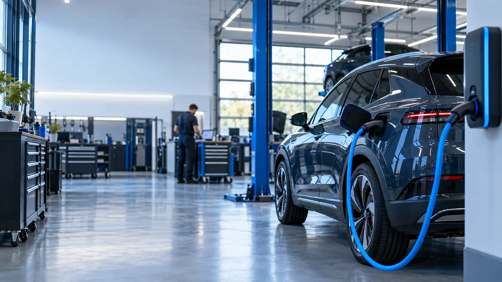 Werkstatthalle mit Elektroauto an der Ladesäule