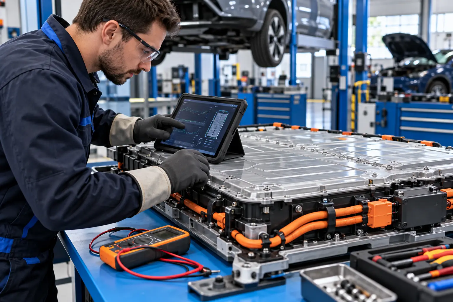 Prüfung eines Hochvolt-Batteriemoduls mit Messgerät und Tablet