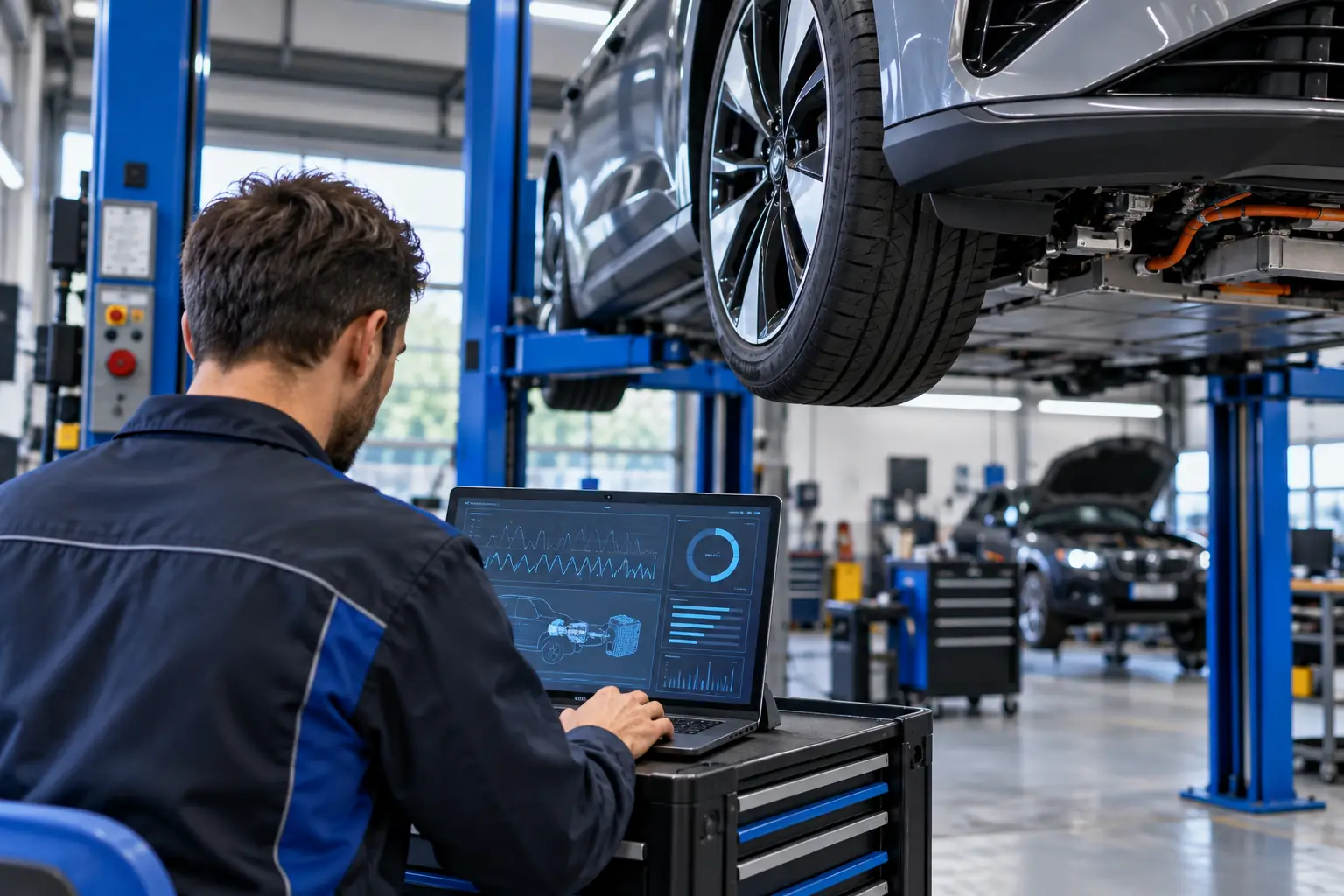 Diagnose am Laptop unter einem Elektroauto auf der Hebebühne