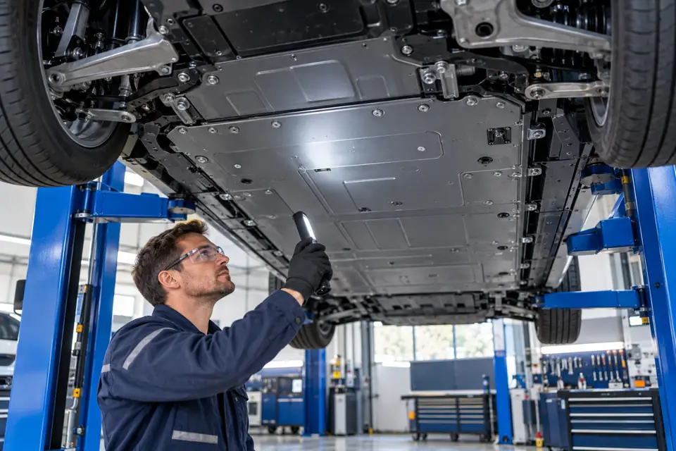 Prüfung des Unterbodens eines Elektroautos
