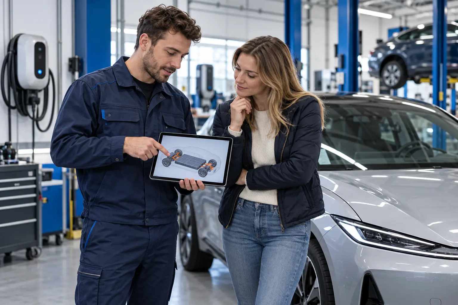 Mitarbeiter bespricht mit einer Kundin den Befund am Tablet